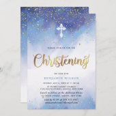 Blue and Gold Watercolor Boy Christening Einladung (Vorne/Hinten)
