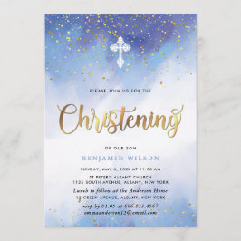 Blue and Gold Watercolor Boy Christening Einladung