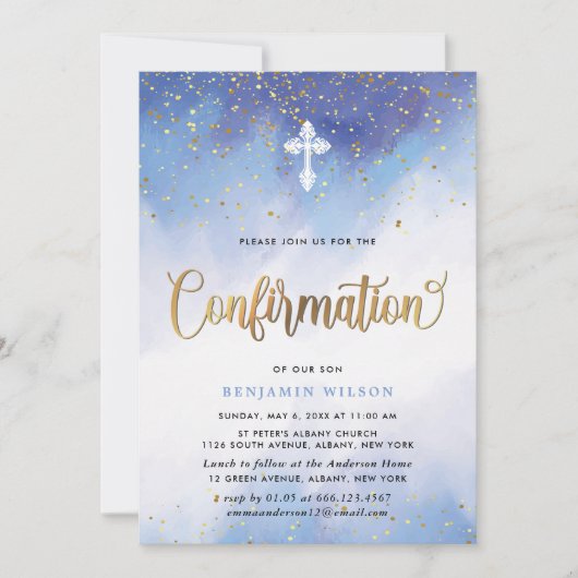Blue and Gold Watercolor Boy Confirmation Einladung (Vorderseite)