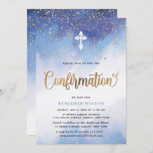 Blue and Gold Watercolor Boy Confirmation Einladung (Vorne/Hinten)