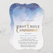 Blue and Gold Watercolor Boy First Heilige Kommune Einladung (Vorne/Hinten)