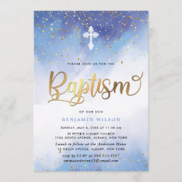 Blue and Gold Watercolor Boy Taufe Einladung