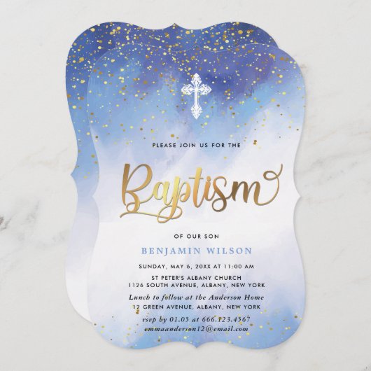 Blue and Gold Watercolor Boy Taufe Einladung (Vorne/Hinten)
