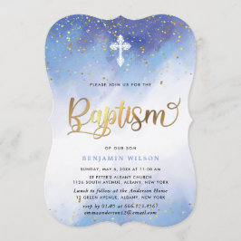 Blue and Gold Watercolor Boy Taufe Einladung