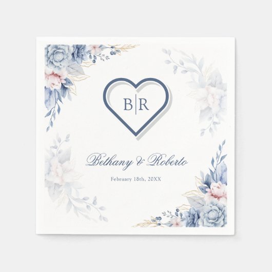 Blue and Gold Watercolor Floral Wedding Napkins Serviette (Vorderseite)