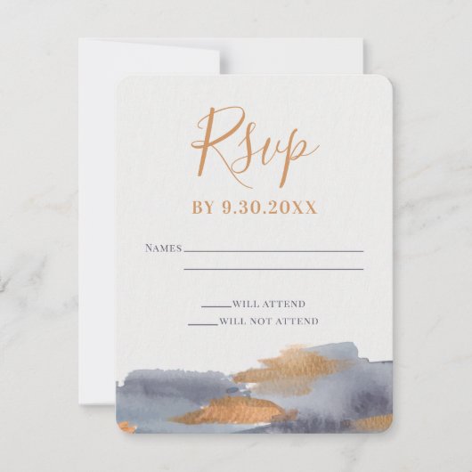Blue and Gold Watercolor Swash Wedding RSVP Karte (Vorderseite)