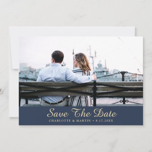 Blue and Gold Wedding Foto speichert die Datumskar Save The Date (Vorderseite)