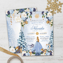 Blue and Gold Winter Wonderland Quinceñera Einladung