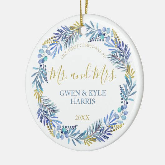 Blue and Gold Wreath Christmas Ceramic Ornament (Links)
