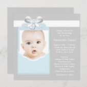 Blue and Gray Baby Boy Foto Christening Einladung (Vorne/Hinten)