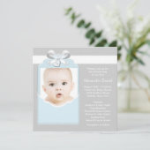 Blue and Gray Baby Boy Foto Christening Einladung (Stehend Vorderseite)
