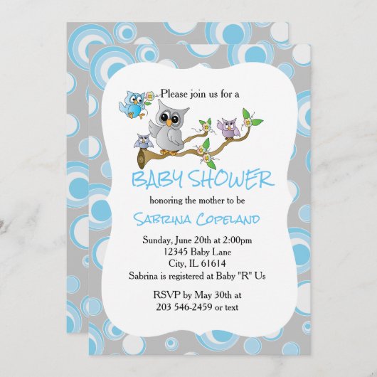 Blue and Gray Baby Owl 🦉| Duschthema Einladung (Vorne/Hinten)