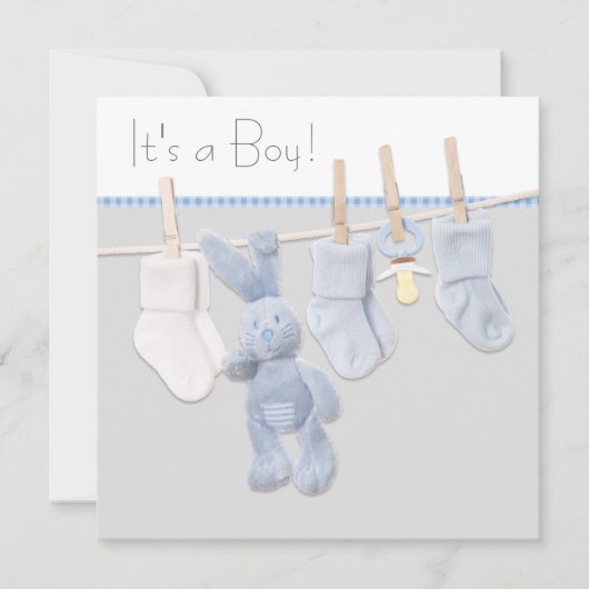 Blue and Gray Clothesline Baby Shower Einladung (Vorderseite)