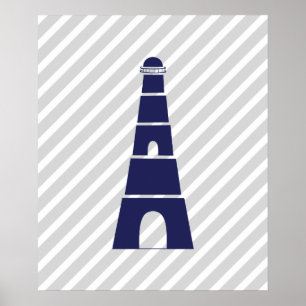 Blue and Gray Striped Nautical Lighthouse Poster