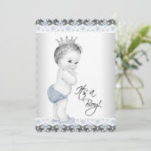 Blue and Gray Vintag Baby Boy Dusche Einladung (Stehend Vorderseite)