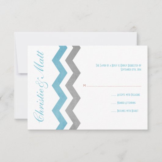 Blue and Gray Zig Zag Wedding RSVP Karte (Vorderseite)