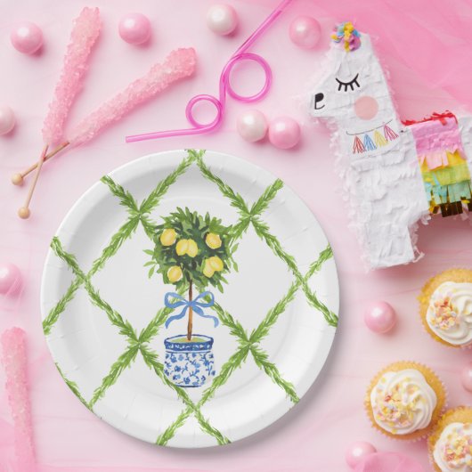 Blue and Green Chinoiserie Topiary Lemon Plates Pappteller (Party)