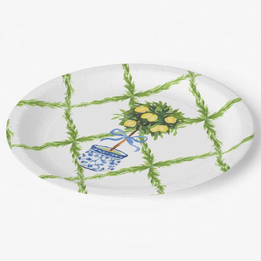 Blue and Green Chinoiserie Topiary Lemon Plates Pappteller (Schrägansicht)