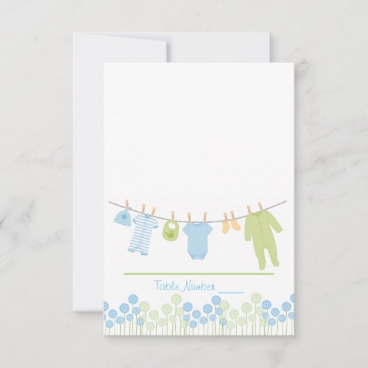 Blue and Green Clothesline Baby Shower Escortkarte Einladung (Vorderseite)
