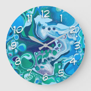 Blue and Green Digital Marble Fluid Art Große Wanduhr