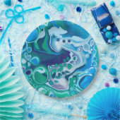 Blue and Green Digital Marble Fluid Art Pappteller (Party)