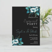 Blue and Green Floral Black Engagement Party Einladung (Stehend Vorderseite)