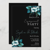 Blue and Green Floral Black Engagement Party Einladung (Vorne/Hinten)