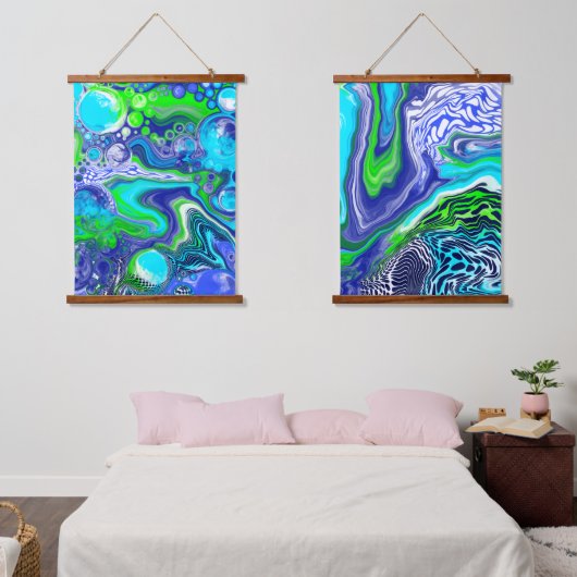 Blue and Green Fluid Art Hangband Wandteppich Mit Holzrahmen (Schlafzimmer)