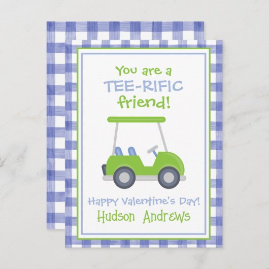 Blue and Green Gingham Golf Cart Valentine's Cards Postkarte (Vorne/Hinten)