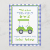 Blue and Green Gingham Golf Cart Valentine's Cards Postkarte (Vorderseite)