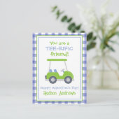 Blue and Green Gingham Golf Cart Valentine's Cards Postkarte (Stehend Vorderseite)