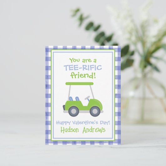 Blue and Green Gingham Golf Cart Valentine's Cards Postkarte (Stehend Vorderseite)