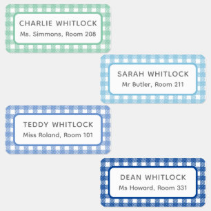 Blue and Green Gingham Kariert Four Kid School Etiketten