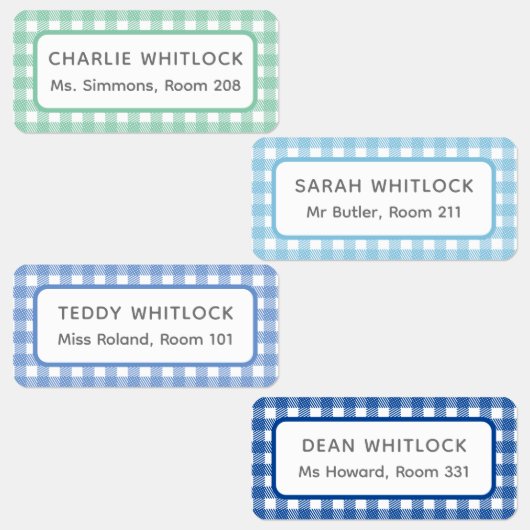 Blue and Green Gingham Kariert Four Kid School Etiketten (Gruppe)