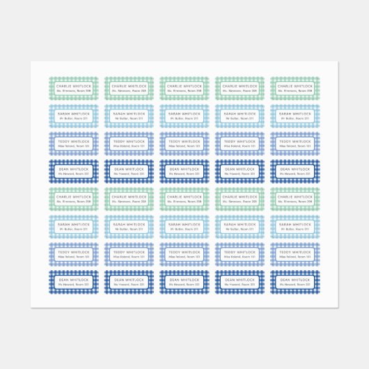 Blue and Green Gingham Kariert Four Kid School Etiketten (Blatt)