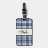 Blue and Green Gingham Plaid Tartan Monogram Gepäckanhänger (Vorderseite vertikal)