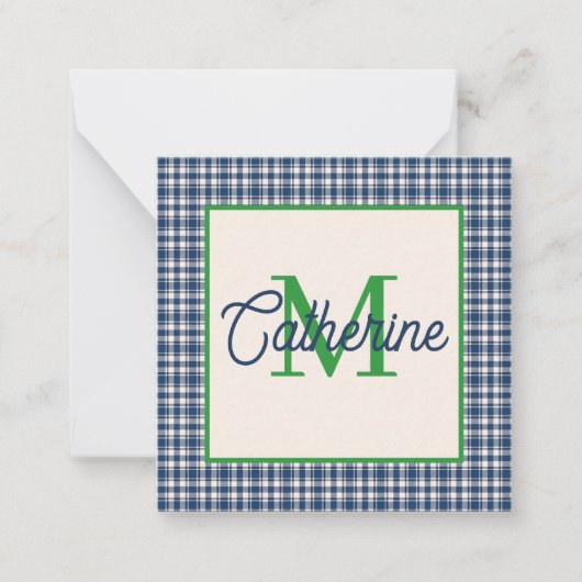 Blue and Green Gingham Plaid Tartan Monogram Mitteilungskarte (Vorderseite)