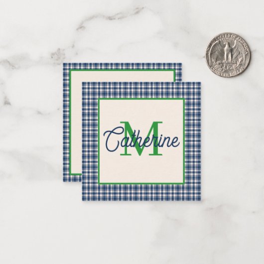 Blue and Green Gingham Plaid Tartan Monogram Mitteilungskarte (Vorderseite/Rückseite Beispiel)
