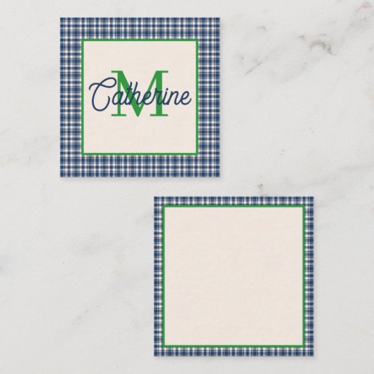 Blue and Green Gingham Plaid Tartan Monogram Mitteilungskarte (Vorne/Hinten)