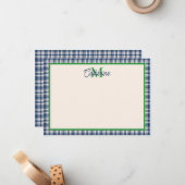 Blue and Green Gingham Plaid Tartan Monogram Mitteilungskarte (Vorderseite/Rückseite Beispiel)