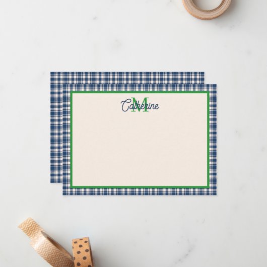 Blue and Green Gingham Plaid Tartan Monogram Mitteilungskarte (Vorderseite/Rückseite Beispiel)