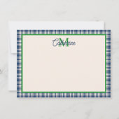 Blue and Green Gingham Plaid Tartan Monogram Mitteilungskarte (Vorderseite)
