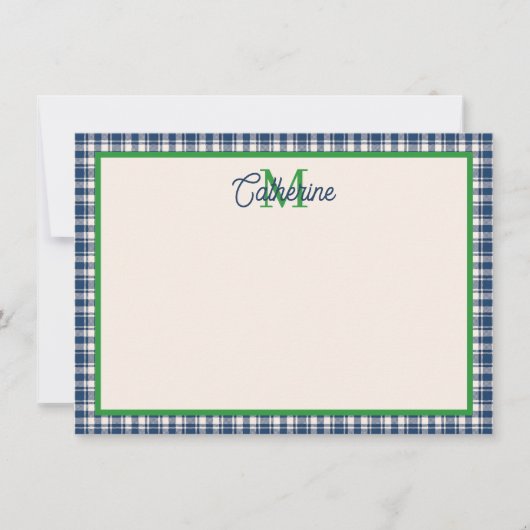 Blue and Green Gingham Plaid Tartan Monogram Mitteilungskarte (Vorderseite)
