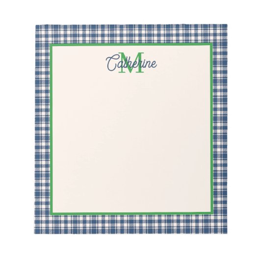 Blue and Green Gingham Plaid Tartan Monogram Notizblock (Vorderseite)