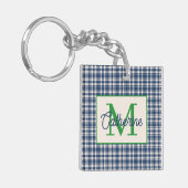 Blue and Green Gingham Plaid Tartan Monogram Schlüsselanhänger (Vorderseite links)