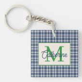 Blue and Green Gingham Plaid Tartan Monogram Schlüsselanhänger (Vorderseite)