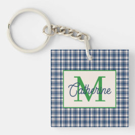 Blue and Green Gingham Plaid Tartan Monogram Schlüsselanhänger