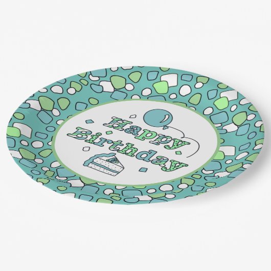 Blue and Green Happy Birthday Pappteller (Schrägansicht)
