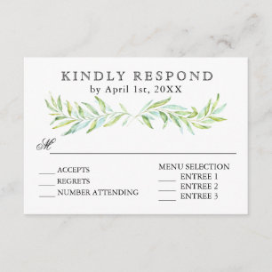 Blue and Green Laurel Wreath Wedding RSVP Karte