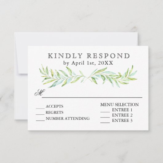 Blue and Green Laurel Wreath Wedding RSVP Karte (Vorderseite)